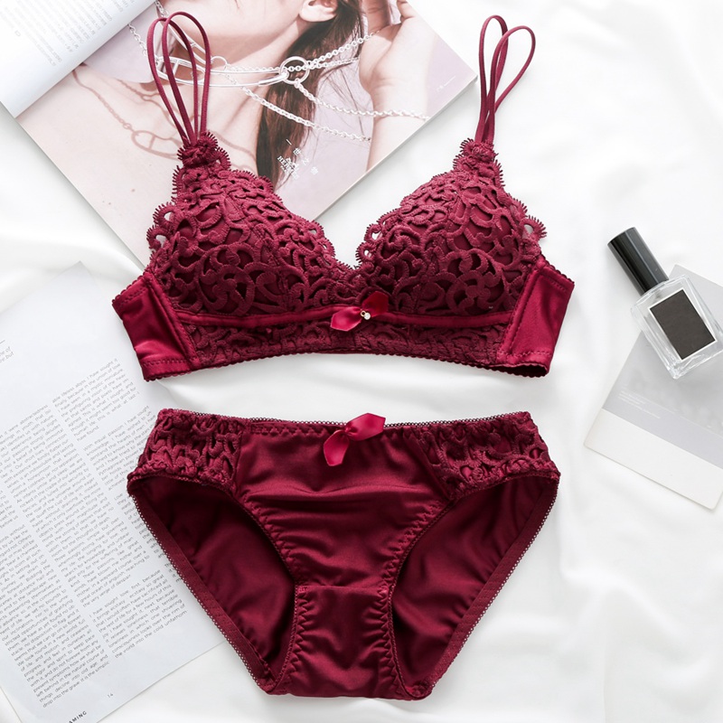 Red Black Lace Bras Underwear Women Sexy Bra Set Push Up Bra and Panties Set: Burgundy / 80B