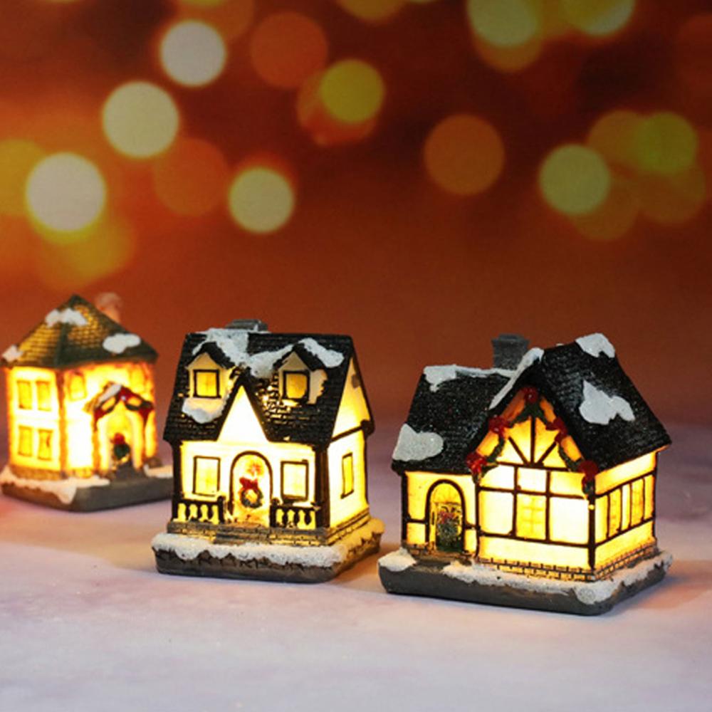 Christmas Scene Village House Resin Luminous LED Snow House for Home Winter Xmas Party Miniature Ornaments Decor