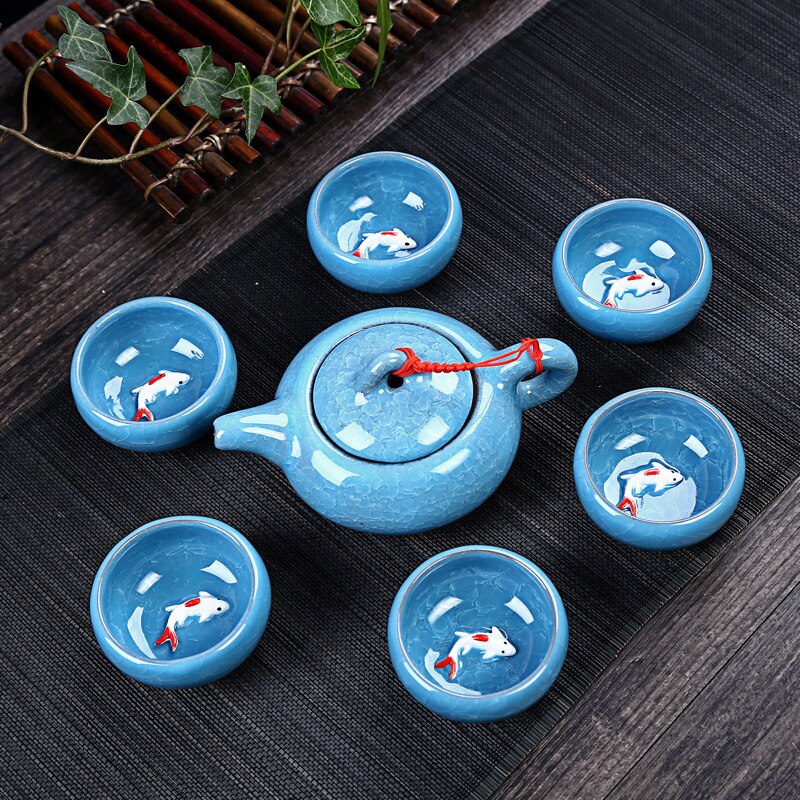 Newl Celadon Fish Tea Set Ceramic Kettle Ceramic Tea Cup Fish Chinese Kung Fu Tea Chinese People Ceramic Kung Fu Tea Set TE889: light blue