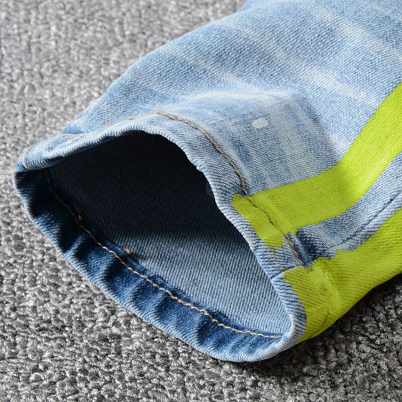 Mænds neon gule farve linjer patchwork ripped jeans huller ødelagt denim stretch bukser slim fit man jeans 28-40