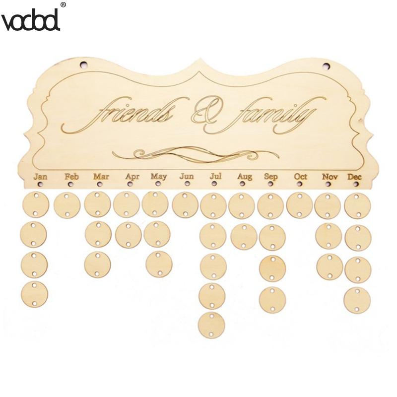 VODOOL DIY calendario de cumpleaños de madera amigos y familia impreso calendario de pared signo fechas especiales planificador tabla colgante decoración