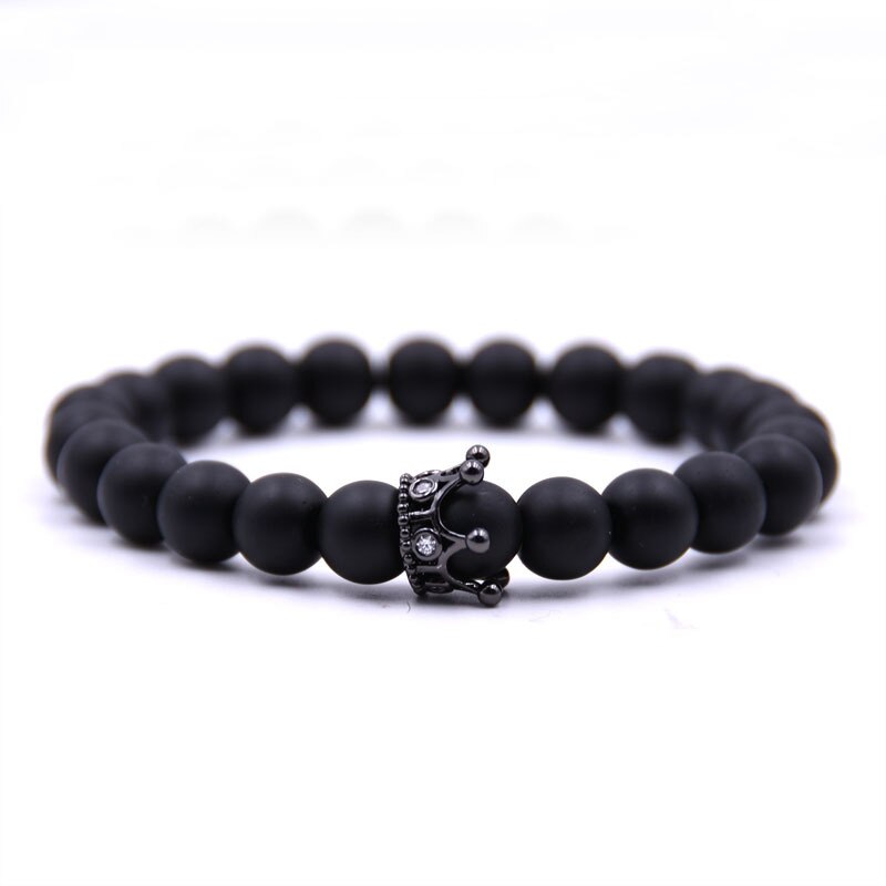 De Luxe Crown Charm Prom Mannen Armband Mode Lava Frosted Kralen Armband Mannen Sieraden Paar: black