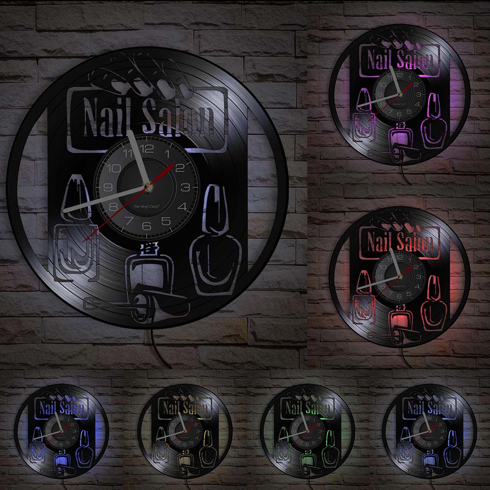 Reloj de pared para manicura, decoración de pared para estudio de salón de belleza, esmalte de uñas, disco de vinilo, reloj de pared Vintage, cosmetólogo, estilista,: With LED