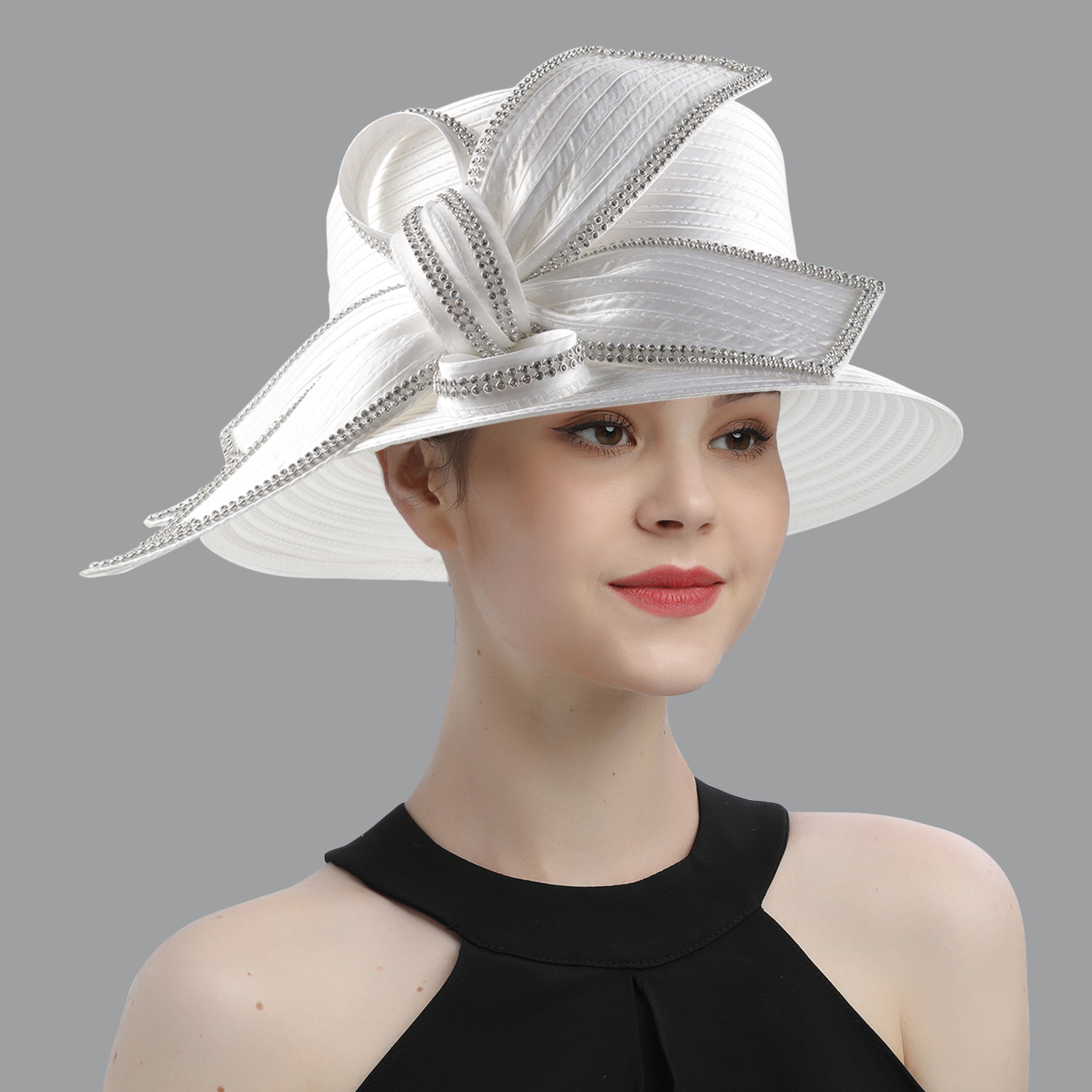 Sombrero de iglesia blanco de lujo para , banquete, tela satinada, sombreros de fotografía, cadenas Premium, sombrero Formal, gorra superior de flores para mujeres y señoras