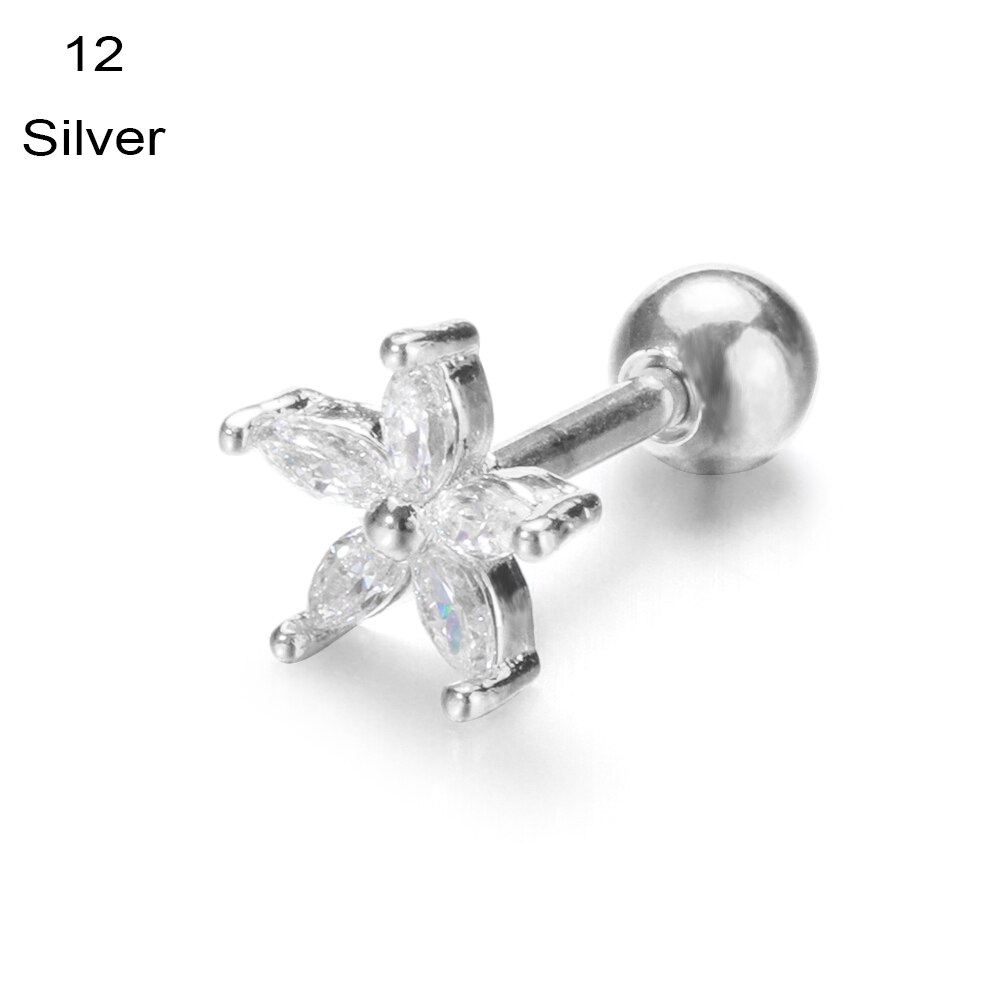 1PC Ear Stud Silver Color CZ Stud Piercing Moon Star Cartilage Earring Tragus Stud Helix Cartilage Piercing Jewelry: Silver-12