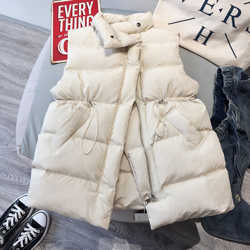 Winter Long Sleeveless Vest Coats Women Stand Neck Slim Cotton Padded Jacket Vests Korean Zipper Jacket Woman Waistcoat