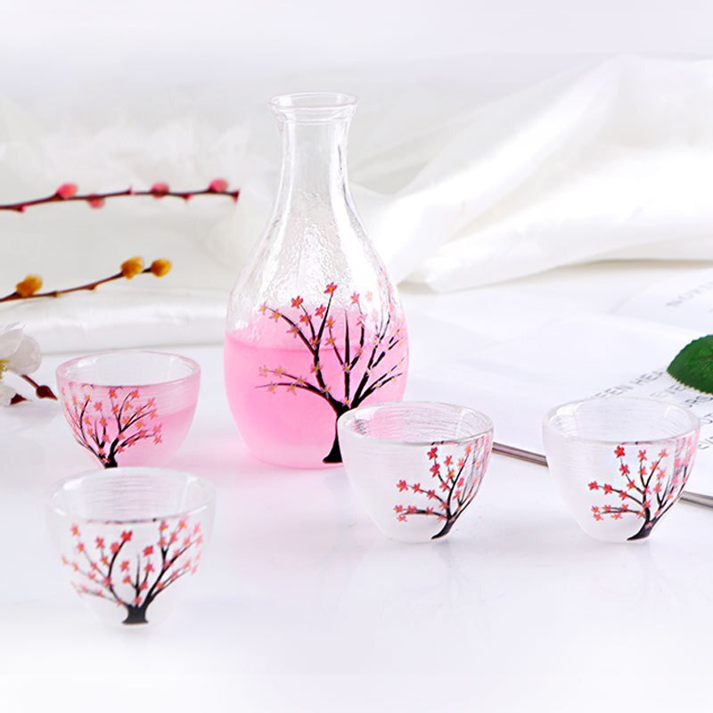 Botella de Sake esmerilada con huella dactilar, juego de vidrio de estilo japonés pintado a mano, Sake de flores de ciruela, incluye vino