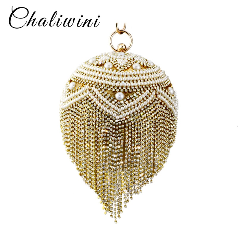 Chaliwini Kwastje Golden Lady Schouder Parel Kralen Ronde Bal Bruiloft Tas Vrouwen Avond Bridal Kristal Knucklebox Clutch Handtas