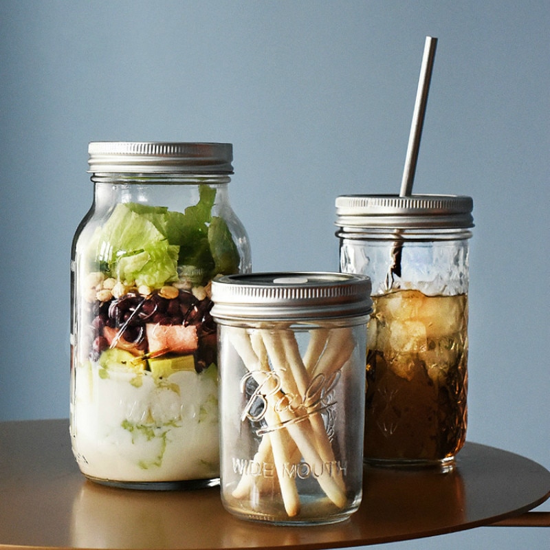 Mason Jar Glass Bottle with Lid Coffee Mug Fruit Saland Juice Sauce Camera Food Storage Container Sealed Tank Props Light Bottle