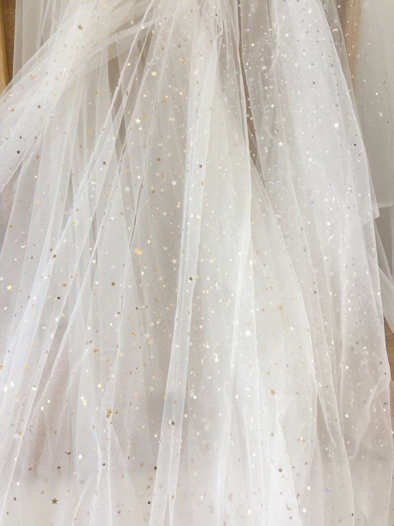 5 yards off white black tulle lace fabric with gold silver stars, bridal gown wedding dress fabric veils tutu dress 150cm wide