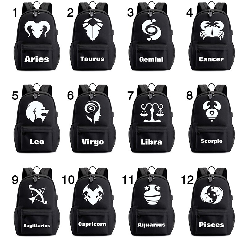 BPZMD Luminous 12 Zodiac Sign Canvas Schoolbag Constellation Horoscope for Boys and Girls Backpack