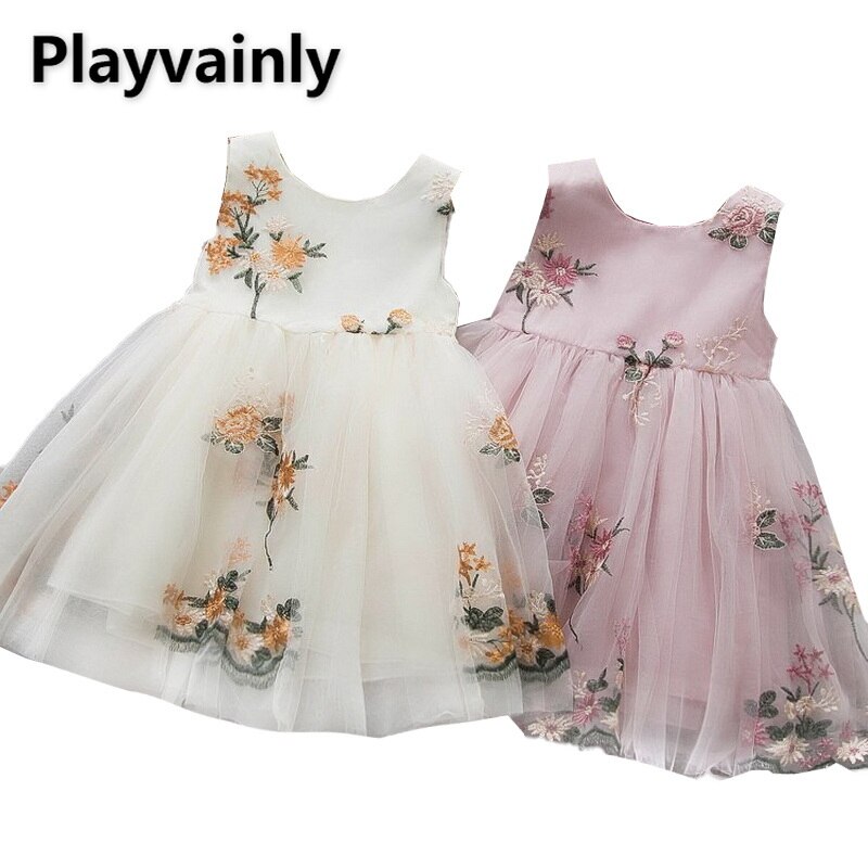 2022 Zomer Meisje Jurk Mouwloze Ronde Kraag Roze Wit Borduren Mesh Vest Prinses Jurk Met Sjerpen Kind Kleding E4343