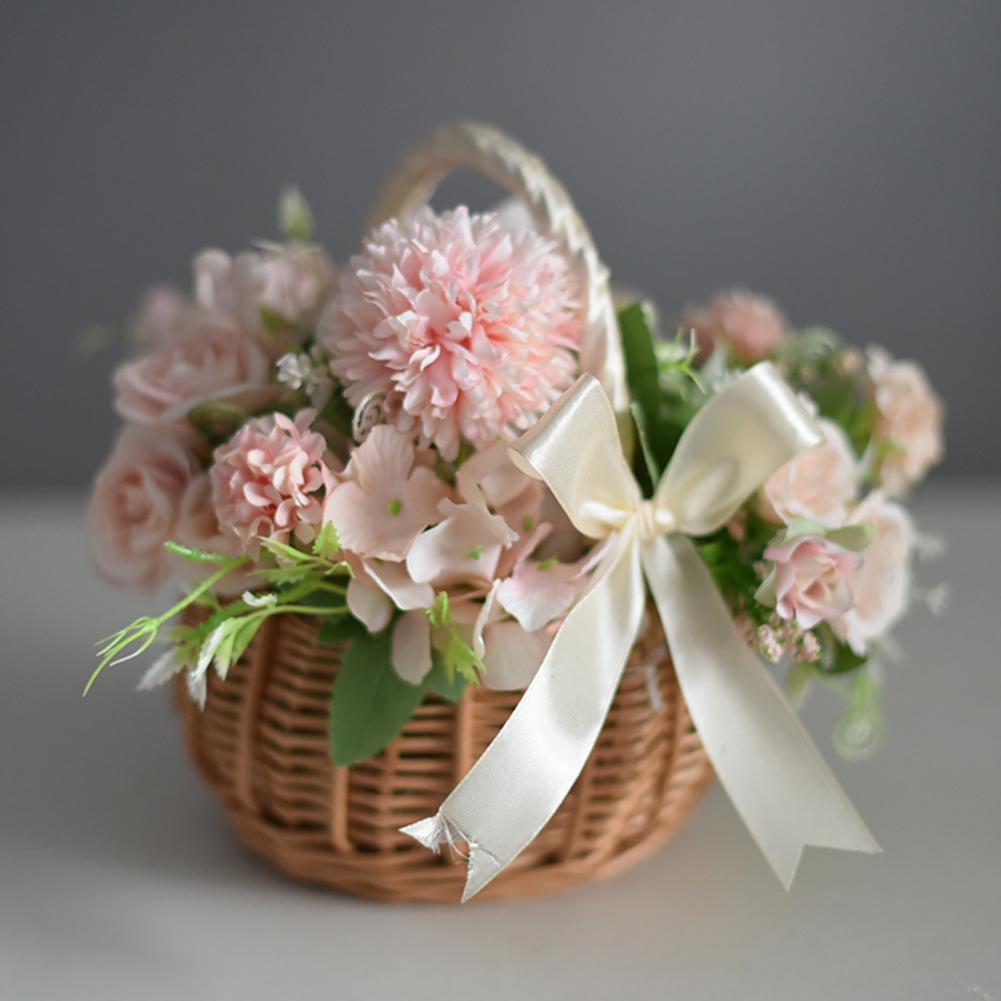 Hand-woven Wedding Flower Basket With Handle Wicker Sundries Basket Wedding Flower Girls Basket for Home Picnic Storage Basket
