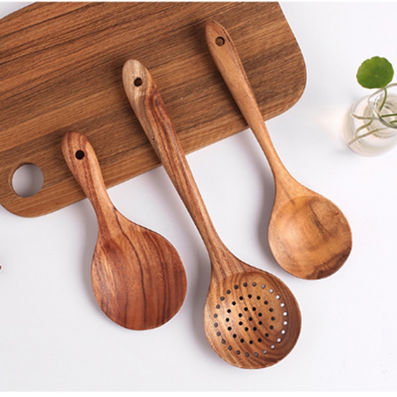 7 typer thai teak trä turner spatel ris sked stor soppa skopa för matlagning trä köksredskap leveranser