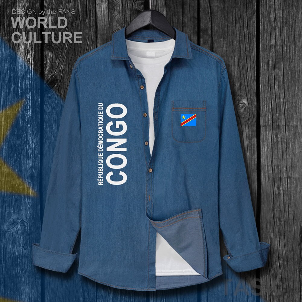 Vêtements congolais, drapeau, DR Congo COD DROC Congo-Kinsha, chemise, en coton, Top rabattu, à manches longues, manteau Cowboy, automne