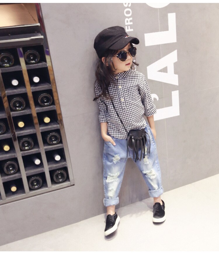 Children kids broken hole jeans Children Clothes spring Korean girls jeans wild girls denim trousers