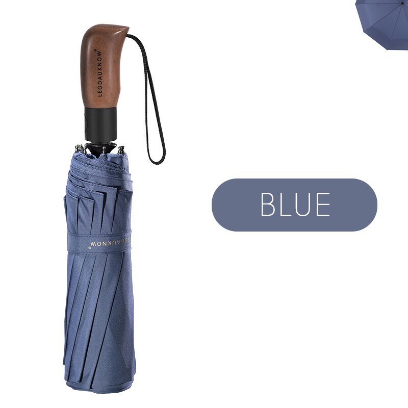 Træ automatisk paraply kvinder 10 ribben vindtæt golf paraplyer regn tre foldning klar stor paraply top mærke: Blå