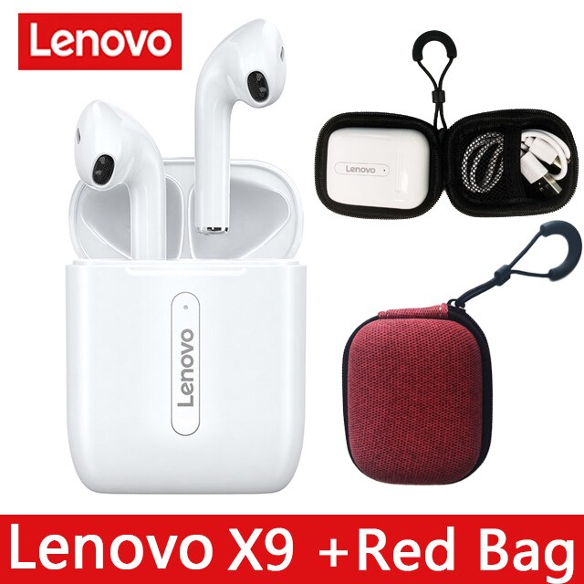 Lenovo X9 Vero Senza Fili di Bluetooth 5.0 Auricolare Touch di Controllo Dinamico HIFI Stereo Auricolari Vivavoce Auricolare Sport 300mAh: White ad Red Bag