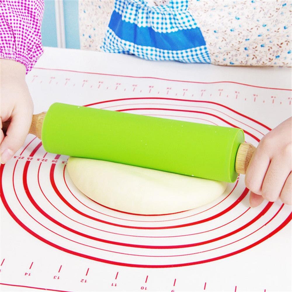 Houten Handvat Siliconen Rollen Rolling Pin Kid Keuken Koken Bakken Tool Voor Pasta Cookie Deeg Gebak Bakkerij Noodle Keuken