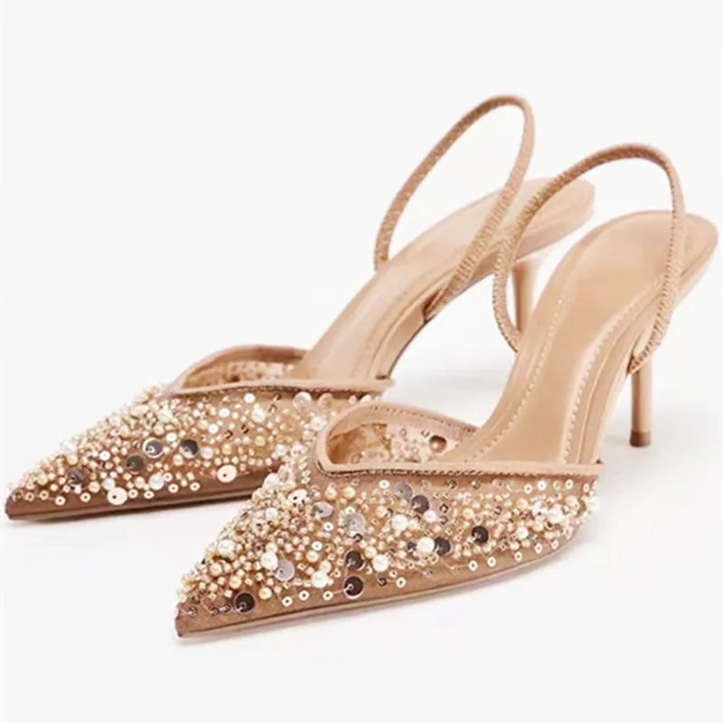 Bling snöre pärlnät andningsbara klacksandaler dam sexiga spetsig tå lyxiga dampumps slingbacks höga klackar