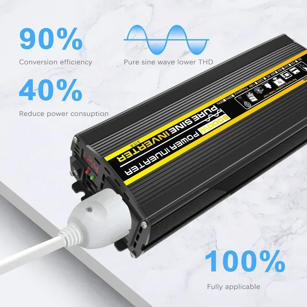 DC12V zu AC 220V Konverter Reine Sinus Welle Energie Wandler 3000W-8000W Spannung Transformator Intelligente Digital Anzeige Auto Hause
