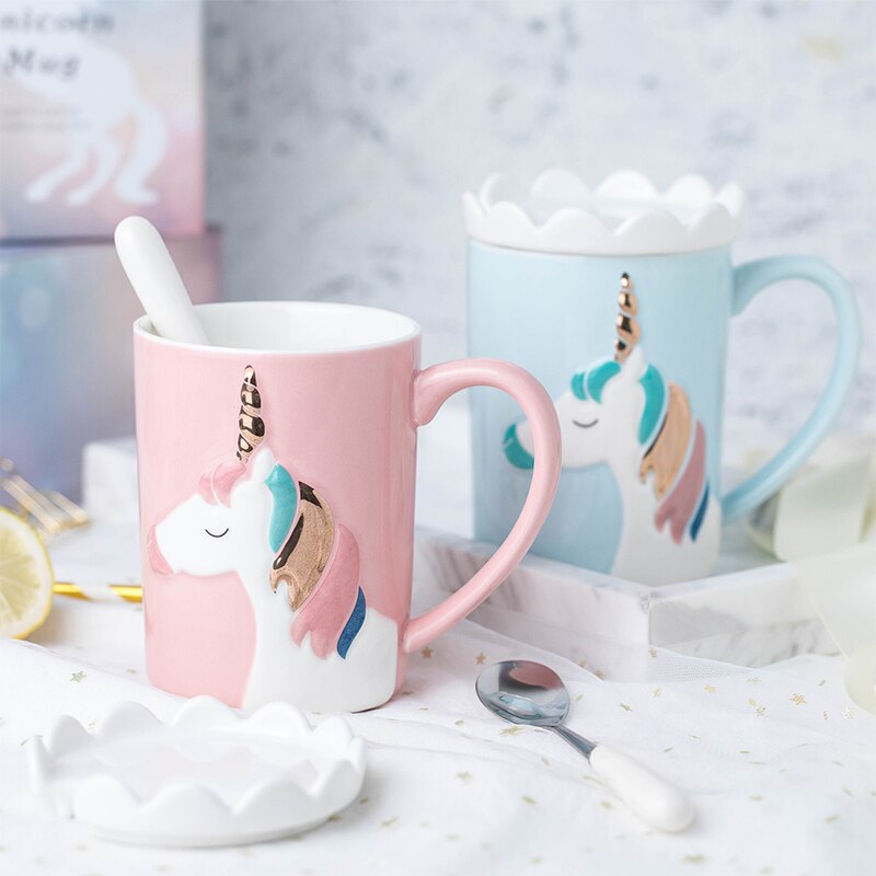 Kreative Bunte Einhorn Tassen Keramik Frühstück Milch Wasser Becher Küche Büro Drink Porzellan Kaffee Tassen Mit Deckel & Löffel