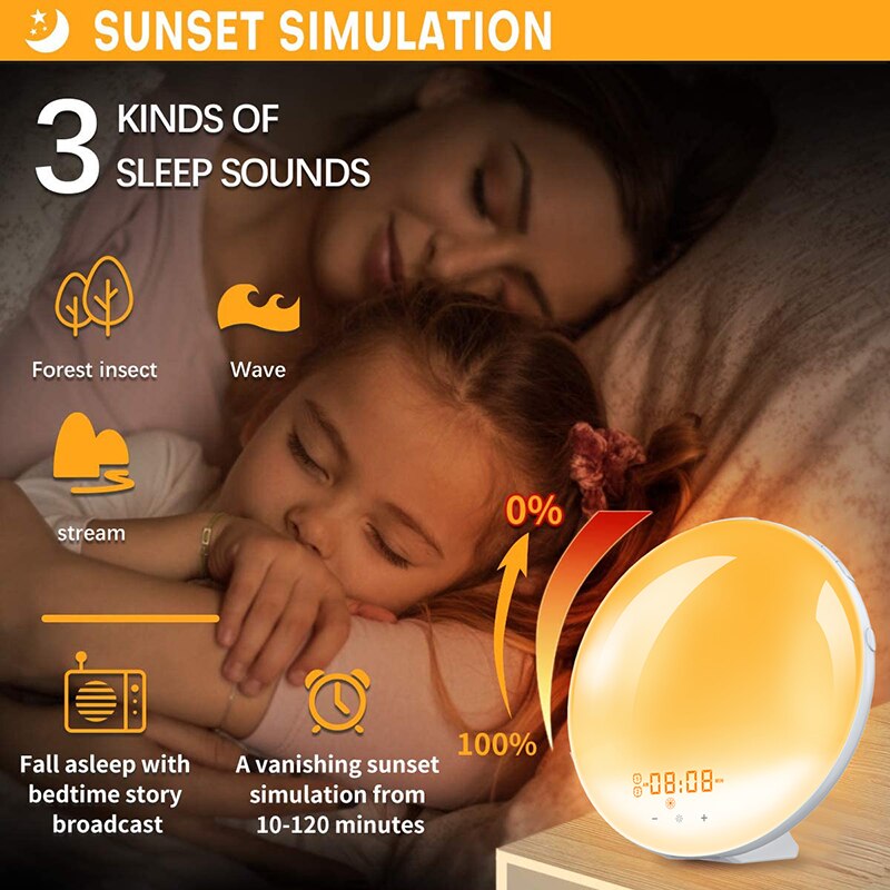 Réveil intelligent avec alarme WiFi, avec lumière de jour, 7 couleurs, pour le lever/coucher du soleil, fonctionne avec Alexa et Google