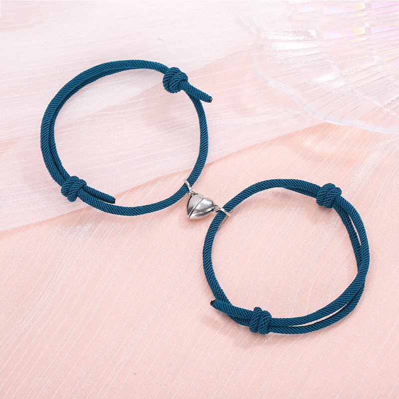 2Pcs/Set Minimalist Lovers Heart Matching Friendship Bracelet Rope Braided Couple Magnetic Distance Bracelet Kit Lover Jewelry: Light Blue