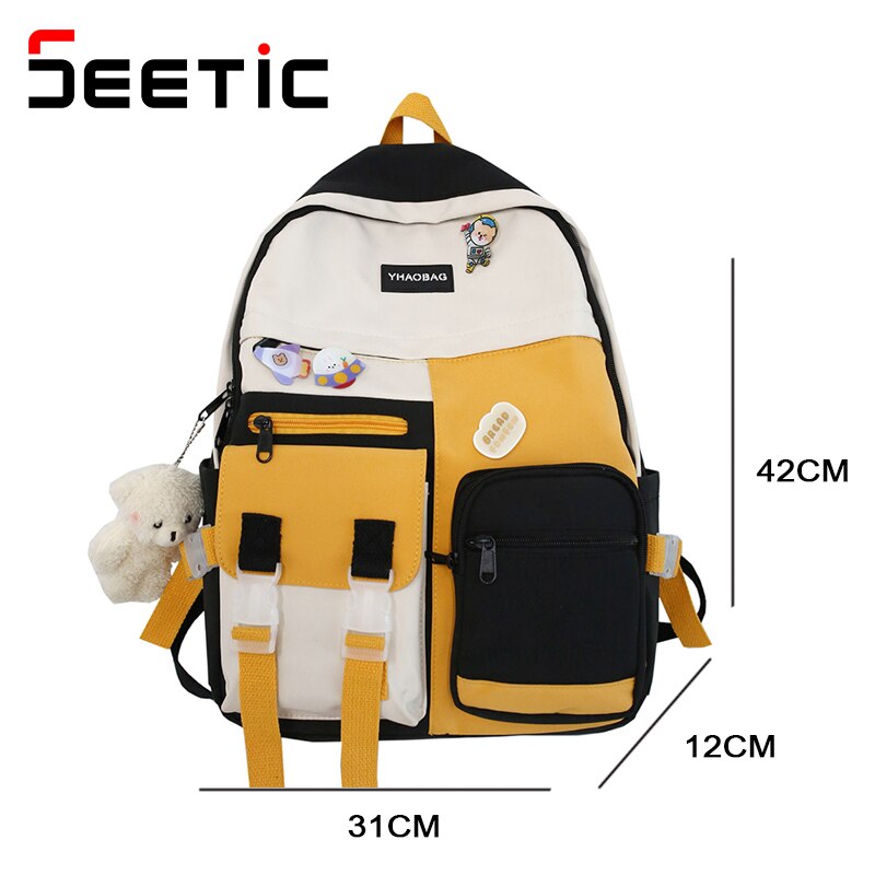 Seetic Kawaii Nylon Vrouwen Rugzak Multi-Pocket Rugzak Voor Tiener Waterdichte Dame Laptop Rugzak Hoge Capaciteit Reistas Vrouwen