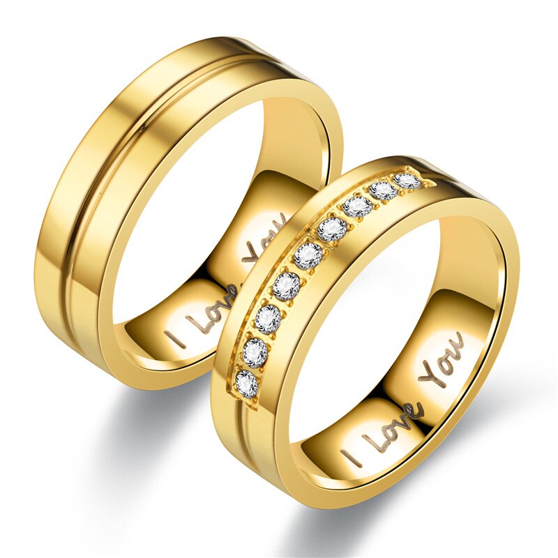 Anillos de compromiso de pareja de acero inoxidable a la para mujeres y hombres, anillo de cristal I LOVE YOU , de joyería de boda