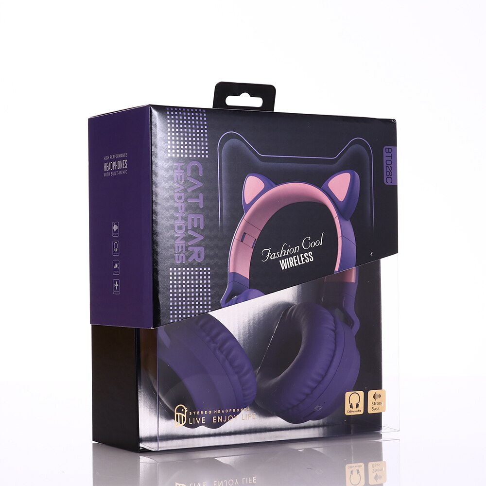 Auriculares inalámbricos con luz LED para teléfono móvil, audífonos con Bluetooth 5,0, auriculares de música estéreo para chica e hija, PC, Oreja de Gato: Purple (with box)