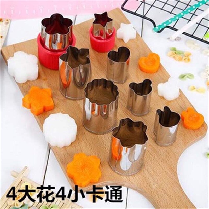 Set van 8 stuks groentesnijders, diy koekjesvormpjes, bloemvormpjes voor kinderen, traktaties, voedselvormpjes en fruitvormpjes.: 4 bloemen 4 cartoon