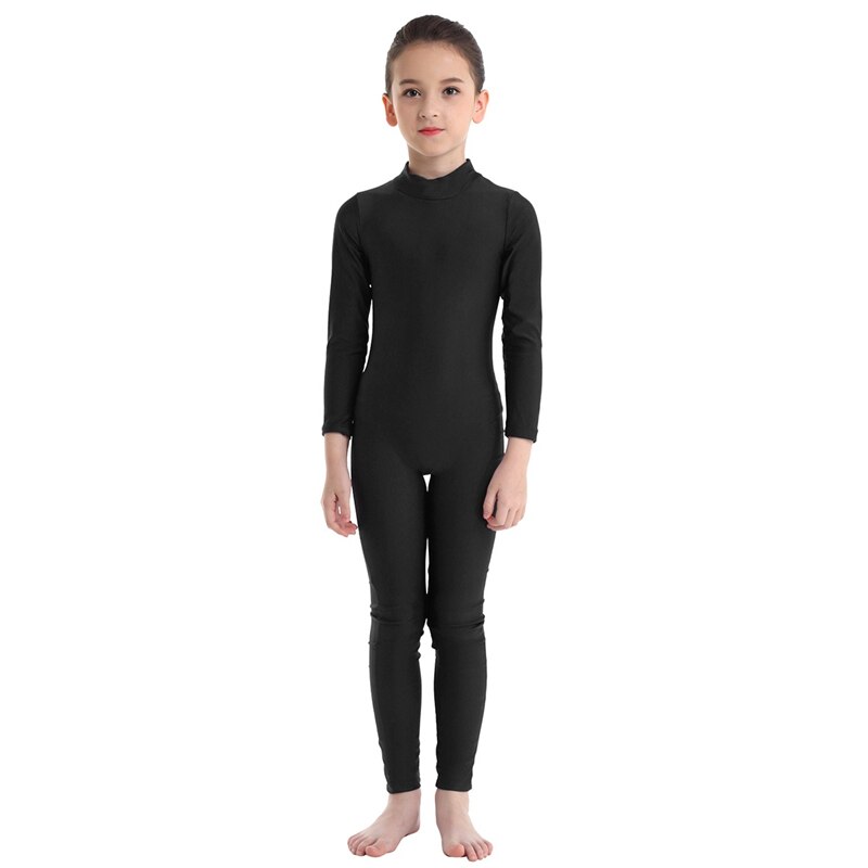 Kids Girls Long Sleeve Zippered Ballet Dance Gymnastics Unitard Catsuit Stirrup Nylon Lycra Show Stage Wear Leotard Bodysuit
