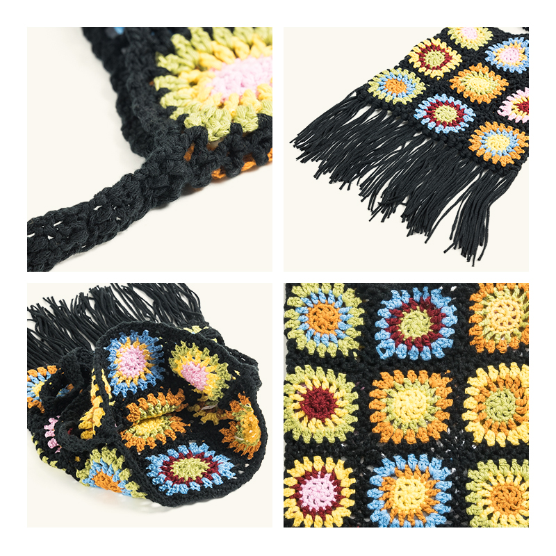 Mabula handgewebte baumwoll-Mini-umhängetaschen für mädchen, gestrickte blumenquasten, stylische schultertasche, kleine handytaschen für damen