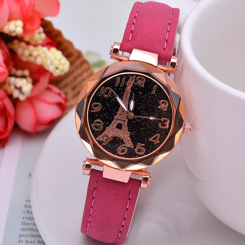 Casual Starry Sky Watches for Women Leather Band Ladies Quartz Wrist Watches Women Watches Laides Clock Relogio Feminino: Rose Red Color