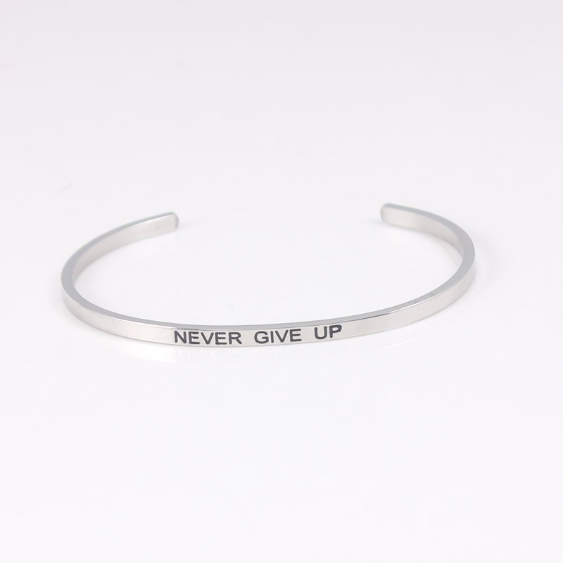 316L Edelstahl Armreif Tun Es Trotzdem Positive Inspirierend Zitat Open Manschette Armbänder Mantra Armbänder für Frauen: never give up