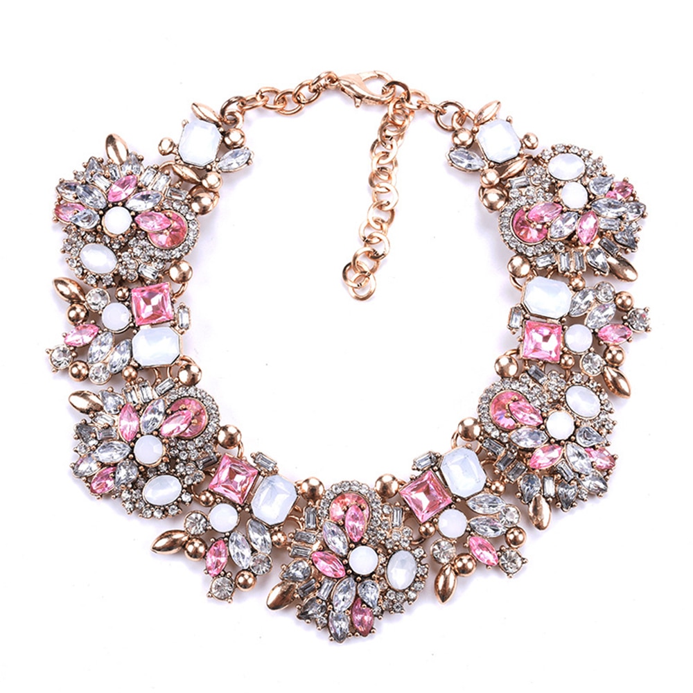 Fatpig Party Charm Rhinestone Flowers Necklace Women Crystal Jewelry Choker Statement Bib Collar Necklace halloween