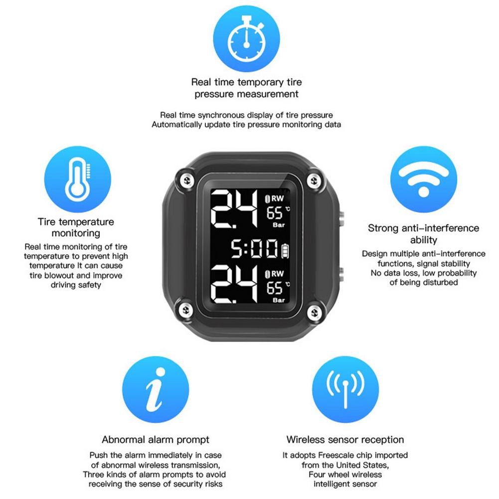 Wireless Motorcycle TPMS Tire Pressure Monitoring System Motor Tyre LCD Display External Tire Pressure Sensors Alarm System