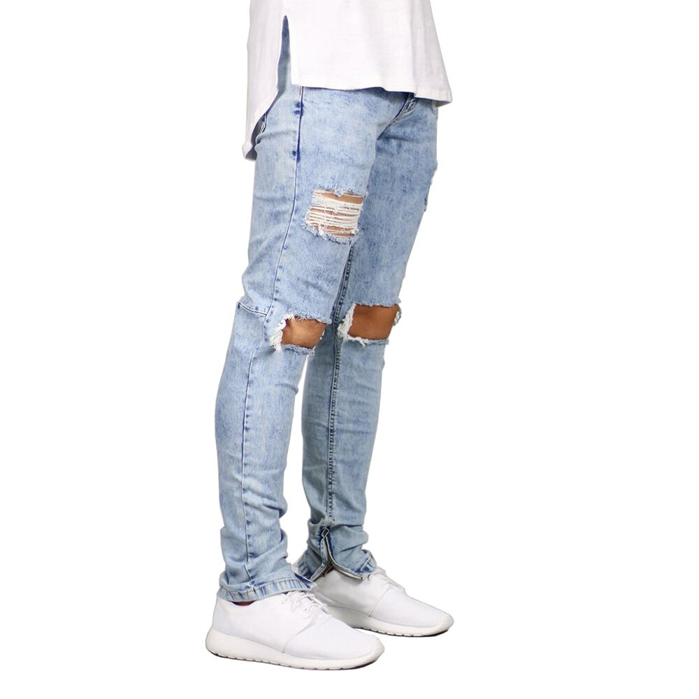 Mænd jeans stretch ødelagte rippet ankel lynlås skinny jeans til mænd: Blå / 36