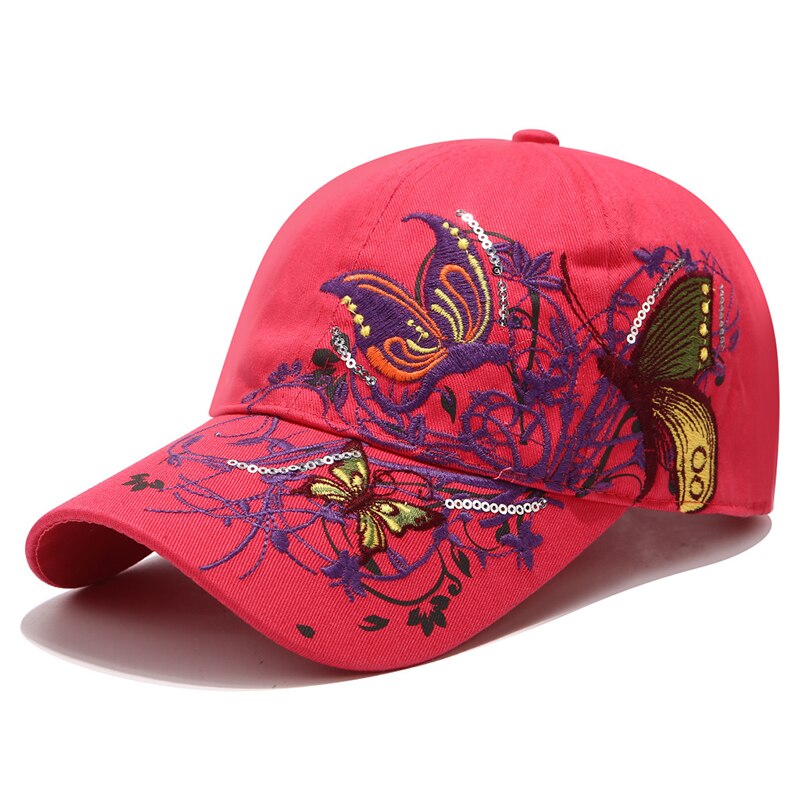 Gorras de béisbol a la para mujer, gorros de béisbol a la de algodón informales para adultos, para exteriores y viajes, Sombreros con bordado de mariposas y flores: Red