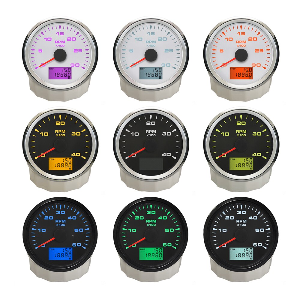 85mm Univesal Tachometer RPM Gauge Rev with Hourmeter 9-32V 8 Colorful Backlights