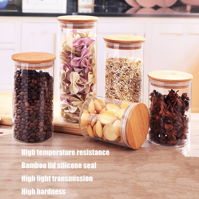 Kitchen Food Storage Transparent Glass Jars with Bamboo Cover Sealed Cans Bottles Spice Jars Candy Box Kitchen Storage Can
