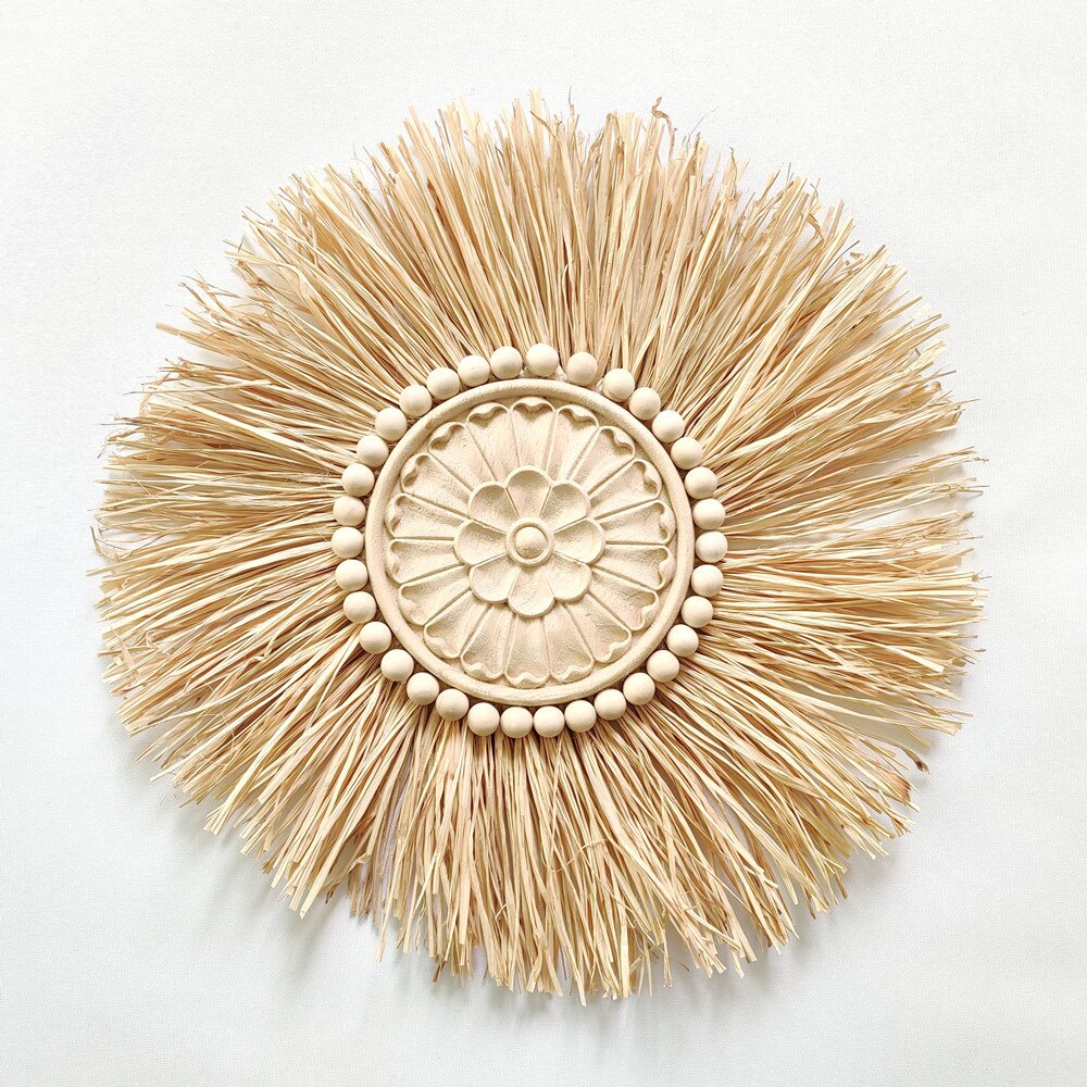 Miroir de paille rond tissé en bois marocain, nordique, perles de maquillage suspendues, ornements muraux, artisanat de décoration de maison