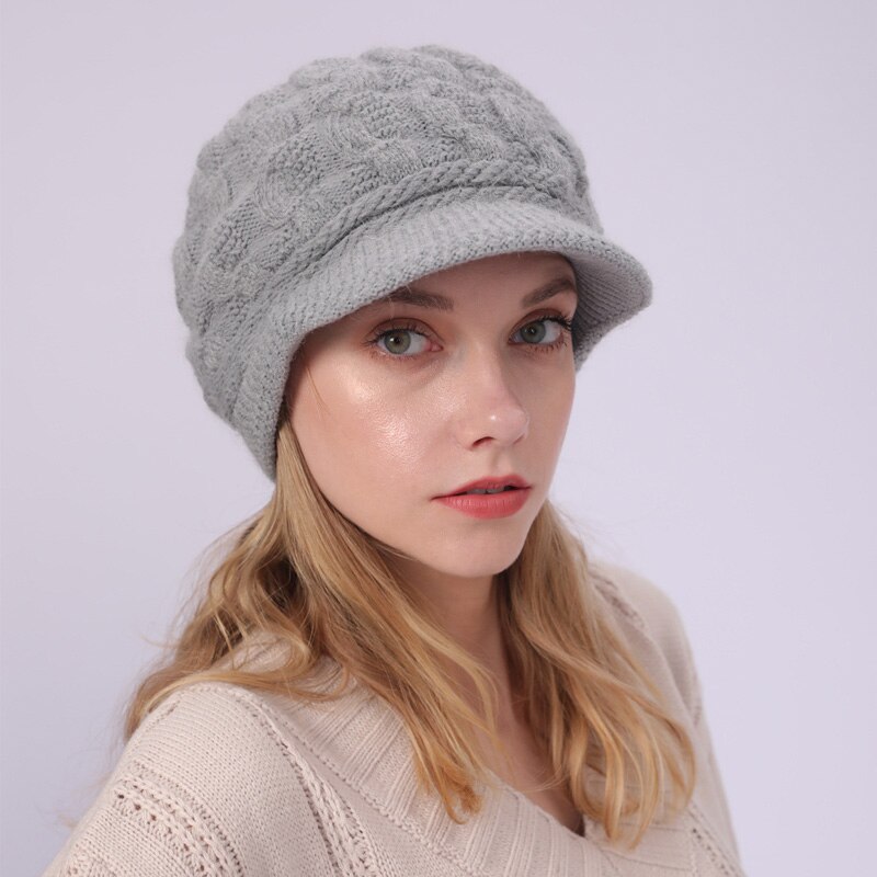 Bonnet d&#39;hiver en fourrure de lapin pour Femme, tricot, Crochet, Ski, Skullies: Grey