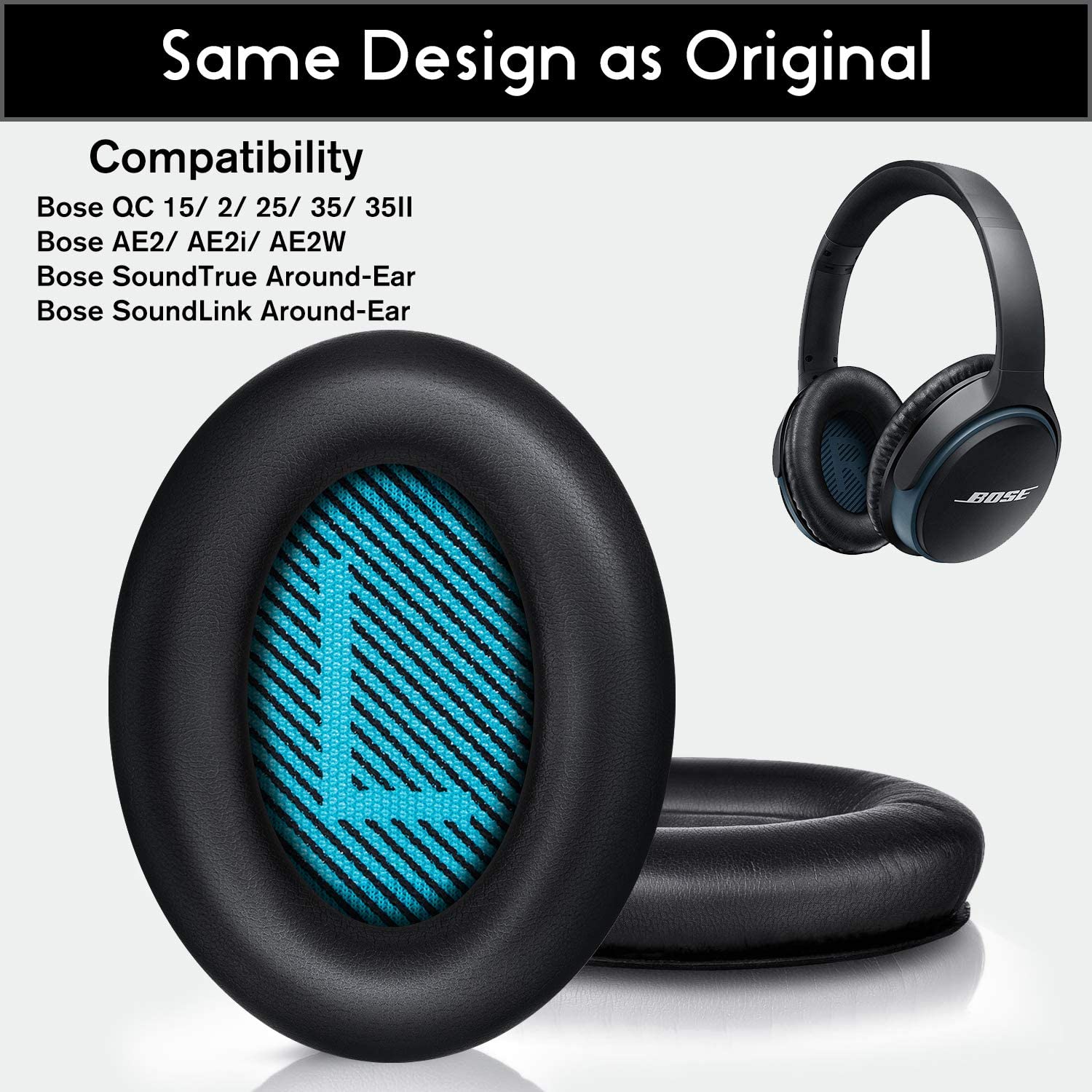 Almohadillas de repuesto para auriculares Bose Quiet Comfort QC25, Kit de cojín para los oídos, Compatible con QC2, QC15, Ae2, Ae2i, Ae2w, espuma viscoelástica