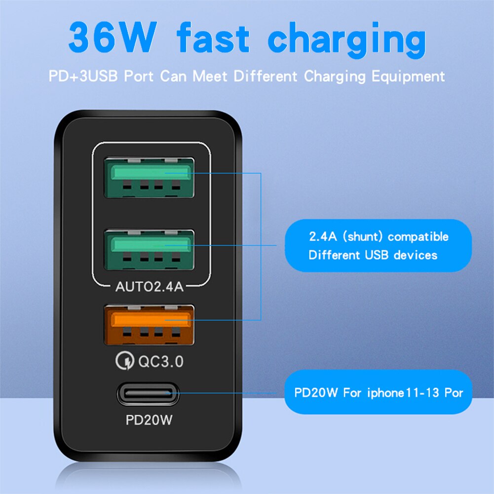 4 porty 36W ładowarka do telefonu komórkowego 2.4A PD 20W szybkie ładowanie 3.0 USB typ C ładowarka ścienna do iPhone 13 12 11 Xiaomi Samsung
