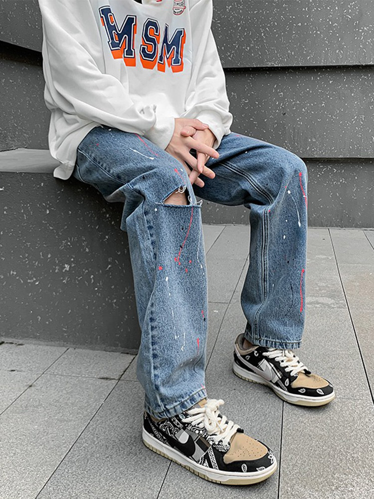 Ripped Jeans Hole Japanese Style Hip Hop High Street Straight Pants Casual Loose Long Trouser Men Chic Clothing: XXL
