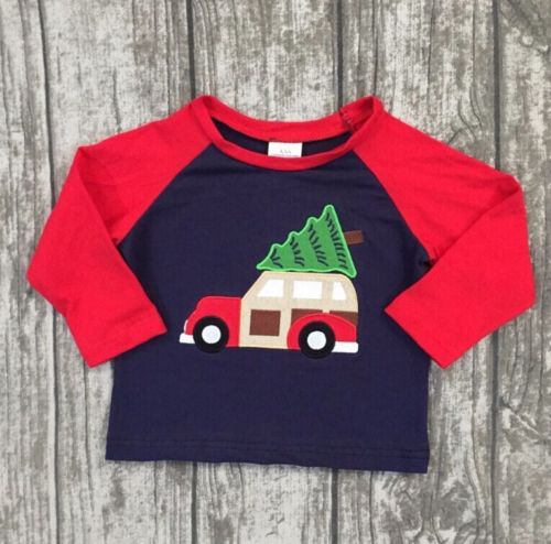 Autumn Kids Boys Christmas Elements Long Sleeve Patchwork T -Shirt Tree & Car Cotton Casual Red Tops Clothes