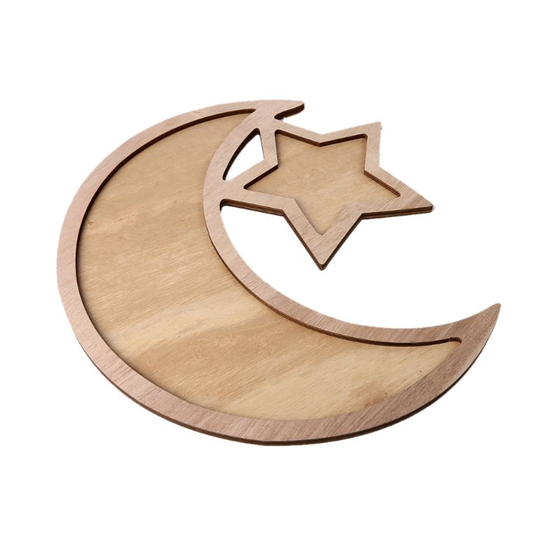 Rustieke Houten Crescent Moon Srar Eid Ramadan Party Voedsel Serveren Servies Dessert Gebak Tray Display Houder Decor Ornament Gxma