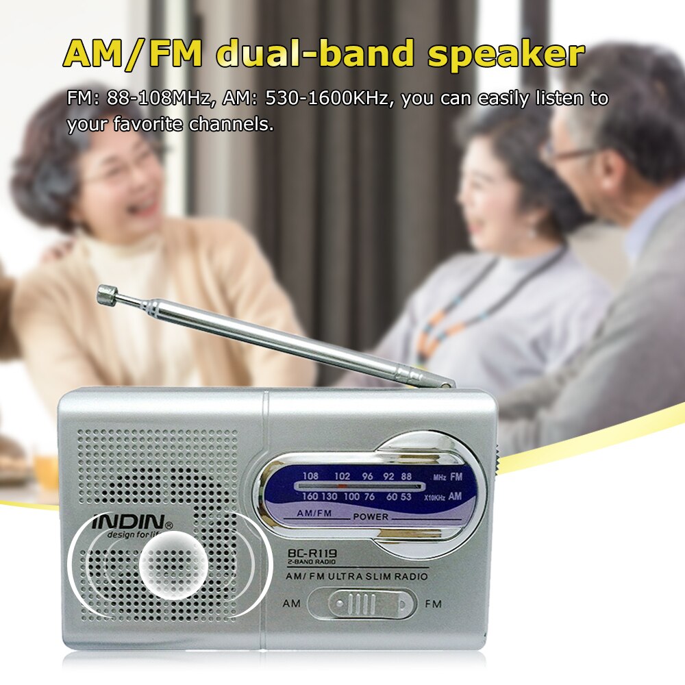 INDIN BC-R119 Portable Mini AM FM Radio Stereo Speakers Music Player Dual Band Receiver Channel 88-108MHz Antenna Audio Player